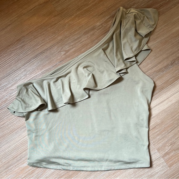 Express Sage Green One Shoulder Ruffle Body Contour Top NWT M - Picture 2 of 4